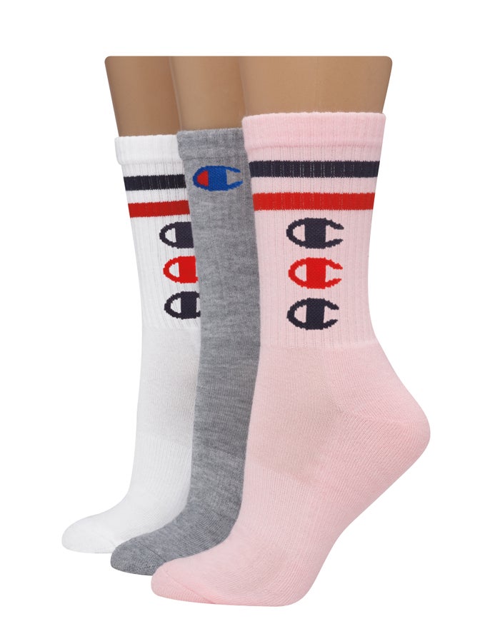 Champion Womens Socks NZ - Crew Stripes & C Logos 3-Pairs Grey/Pink/White ( 5460-BUTFI )